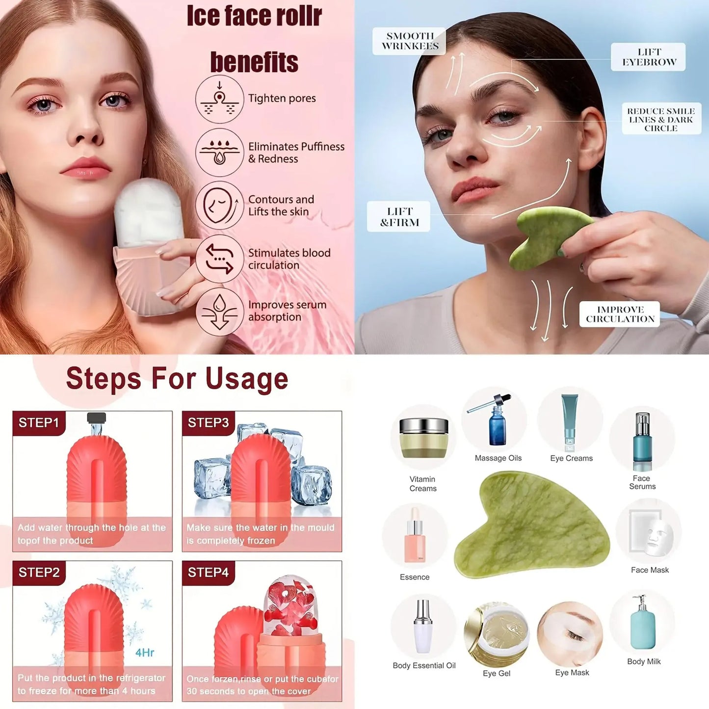 Face Stone Jade Roller Massager with Gua Sha Stone And Ice Roller Multicolour Set