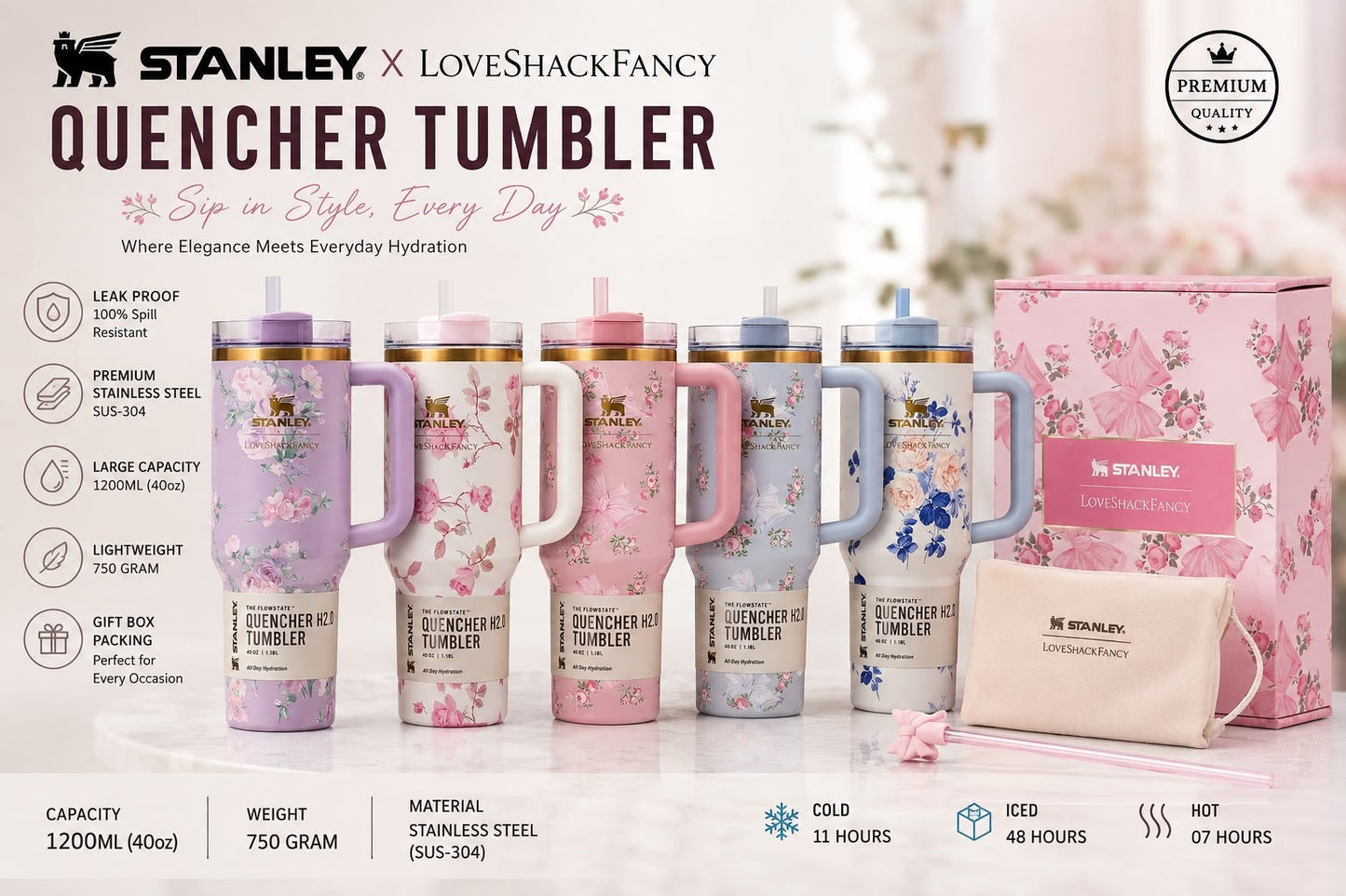 Premium STANLEY Stainless Steel Vacuum Insulated Tumbler, floral tumbler,