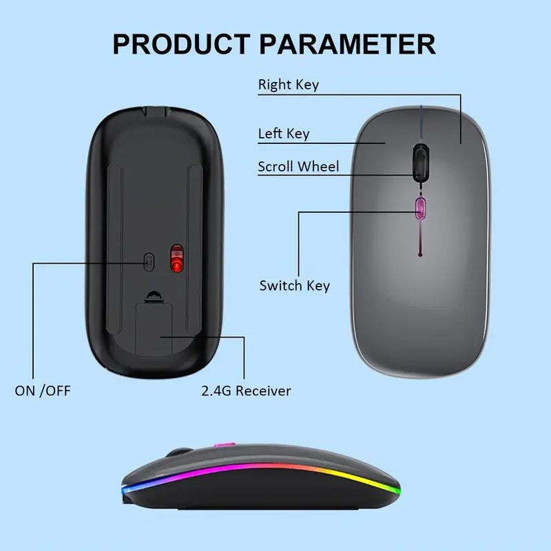 RGB Wireless & Bluetooth Mouse – Slim, Silent, Dual Mode with Adjustable DPI