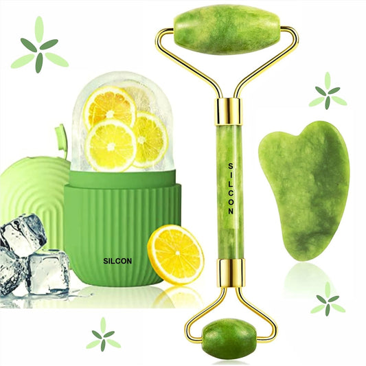 Face Stone Jade Roller Massager with Gua Sha Stone And Ice Roller Multicolour Set